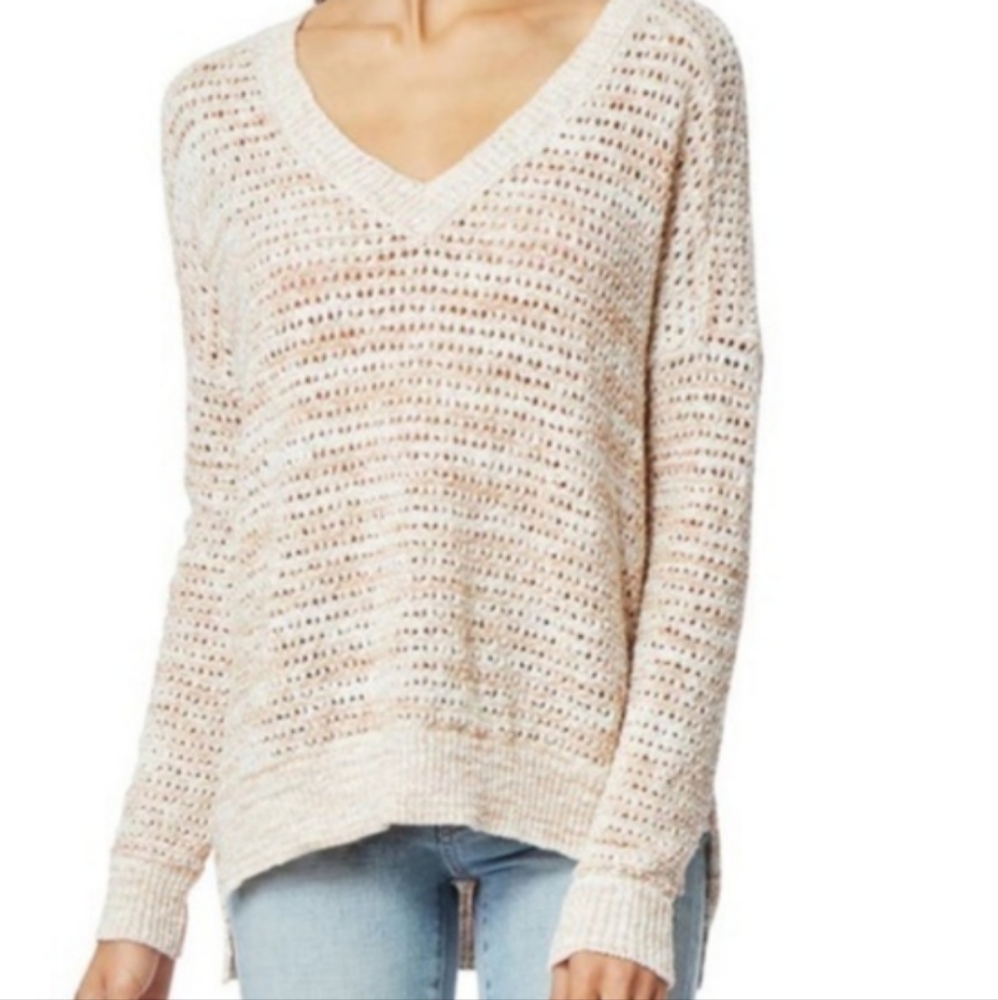 Habitual Large V-Neck Sweater Coastal Scandi Open Knit Beachy Momcore Neutral